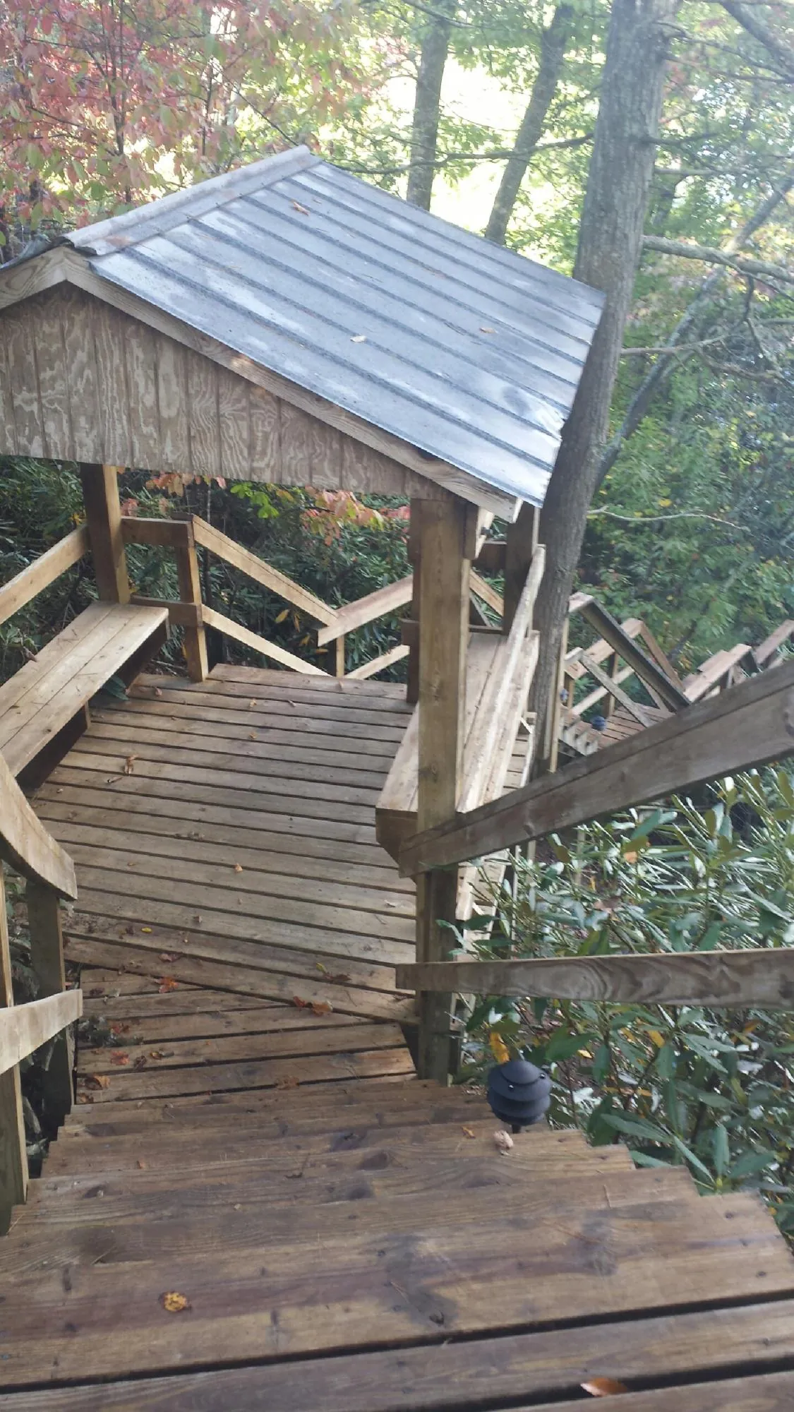 Metal roofed shelter over wooden steps on a wooded walkway — Skylight Repair & Installation work by our crew in Stanleytown